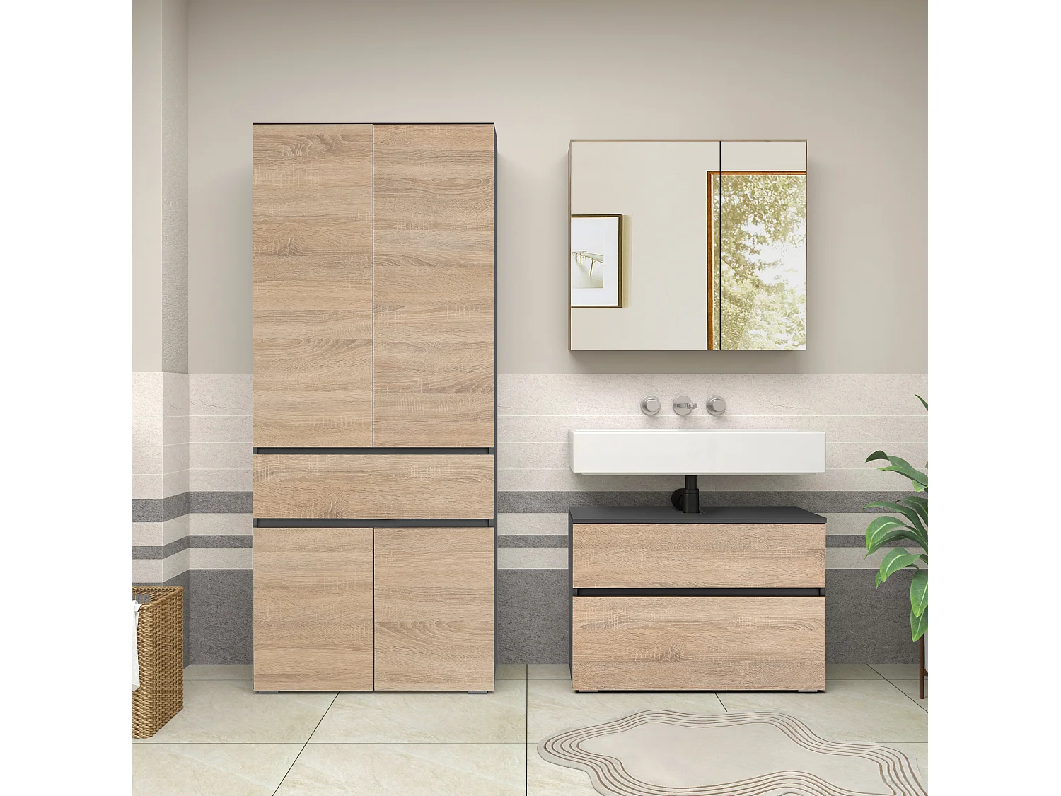 Wisla  | Meuble de salle de bain avec 4 portes 1 tiroir en aspect chêne anthracite