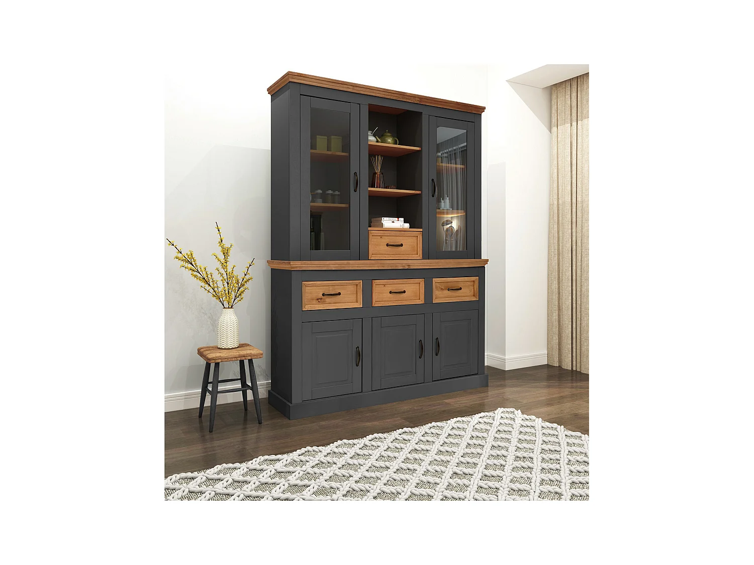 Selma | Buffet avec 5 portes et 4 tiroirs en pin anthracite