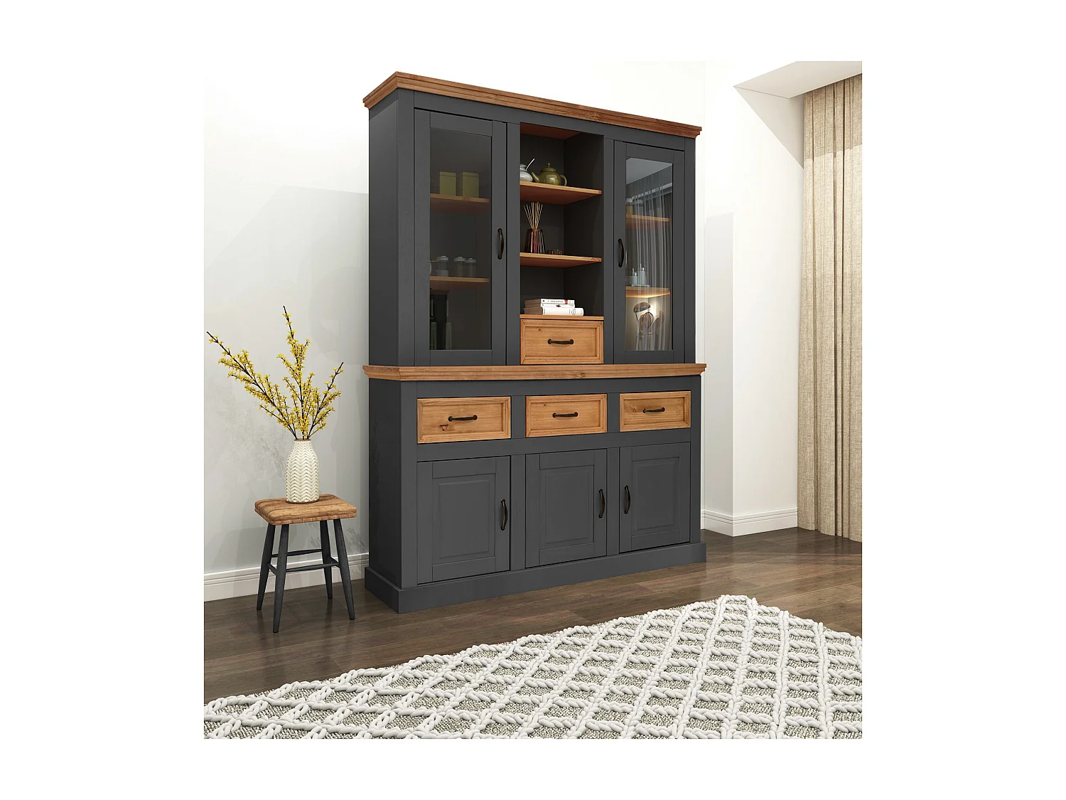 Selma | Buffet avec 5 portes et 4 tiroirs en pin anthracite