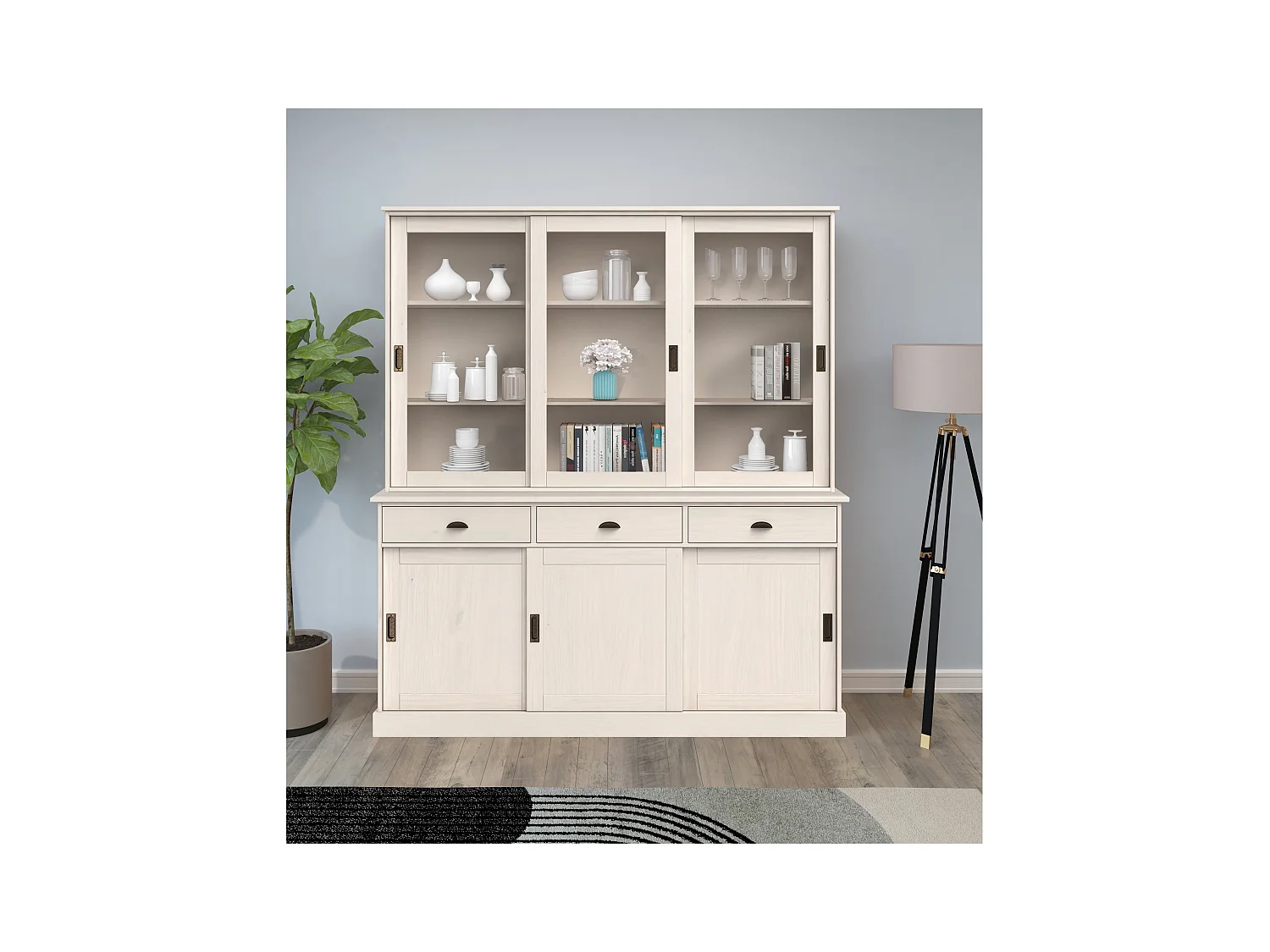 Harry-Buffetkast met 6 deuren en 3 lades in dennenhout wit