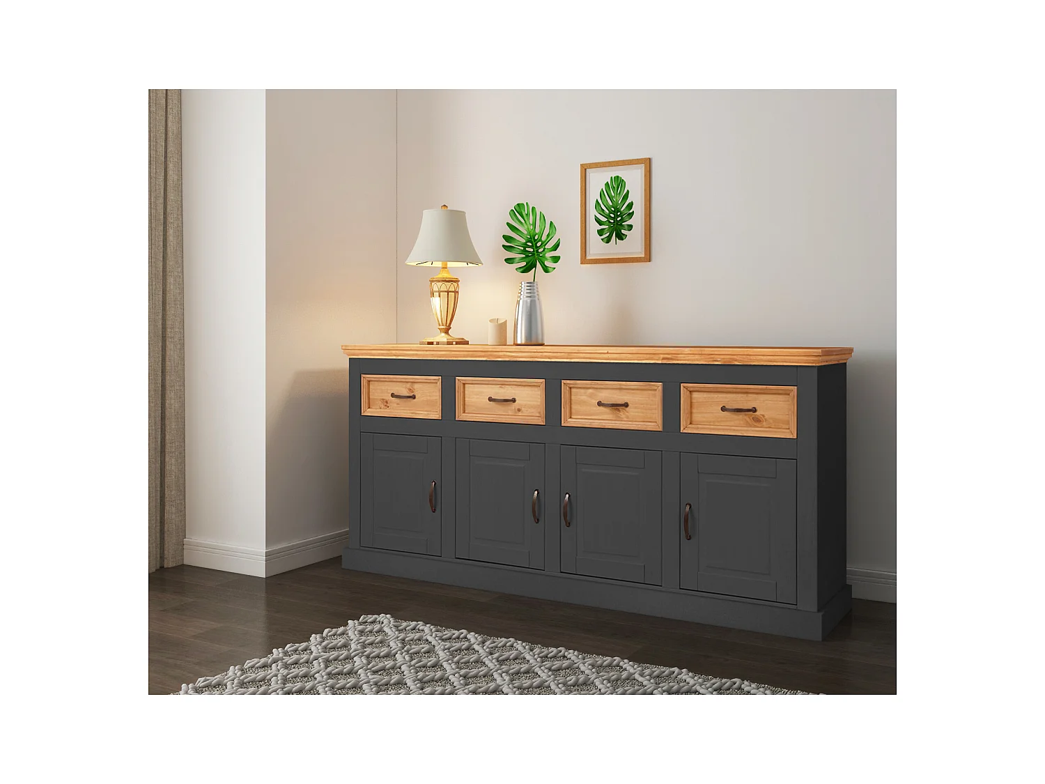 Selma | Buffet avec 4 portes et 4 tiroirs en pin anthracite