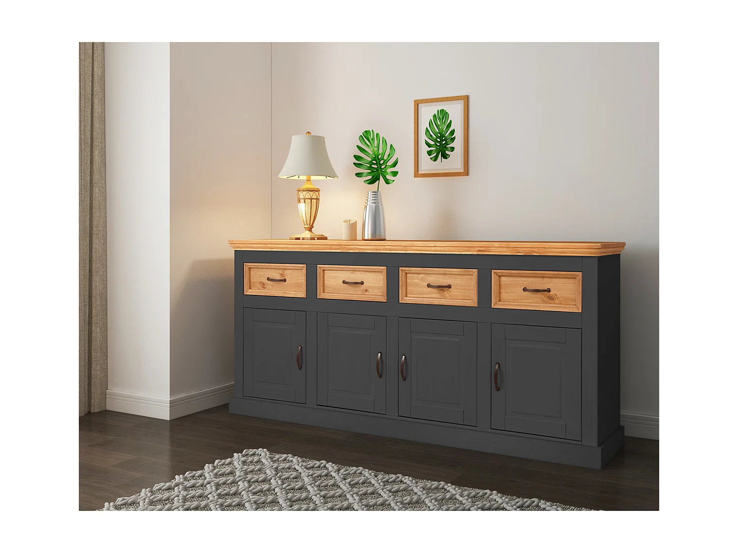 Selma | Buffet avec 4 portes et 4 tiroirs en pin anthracite