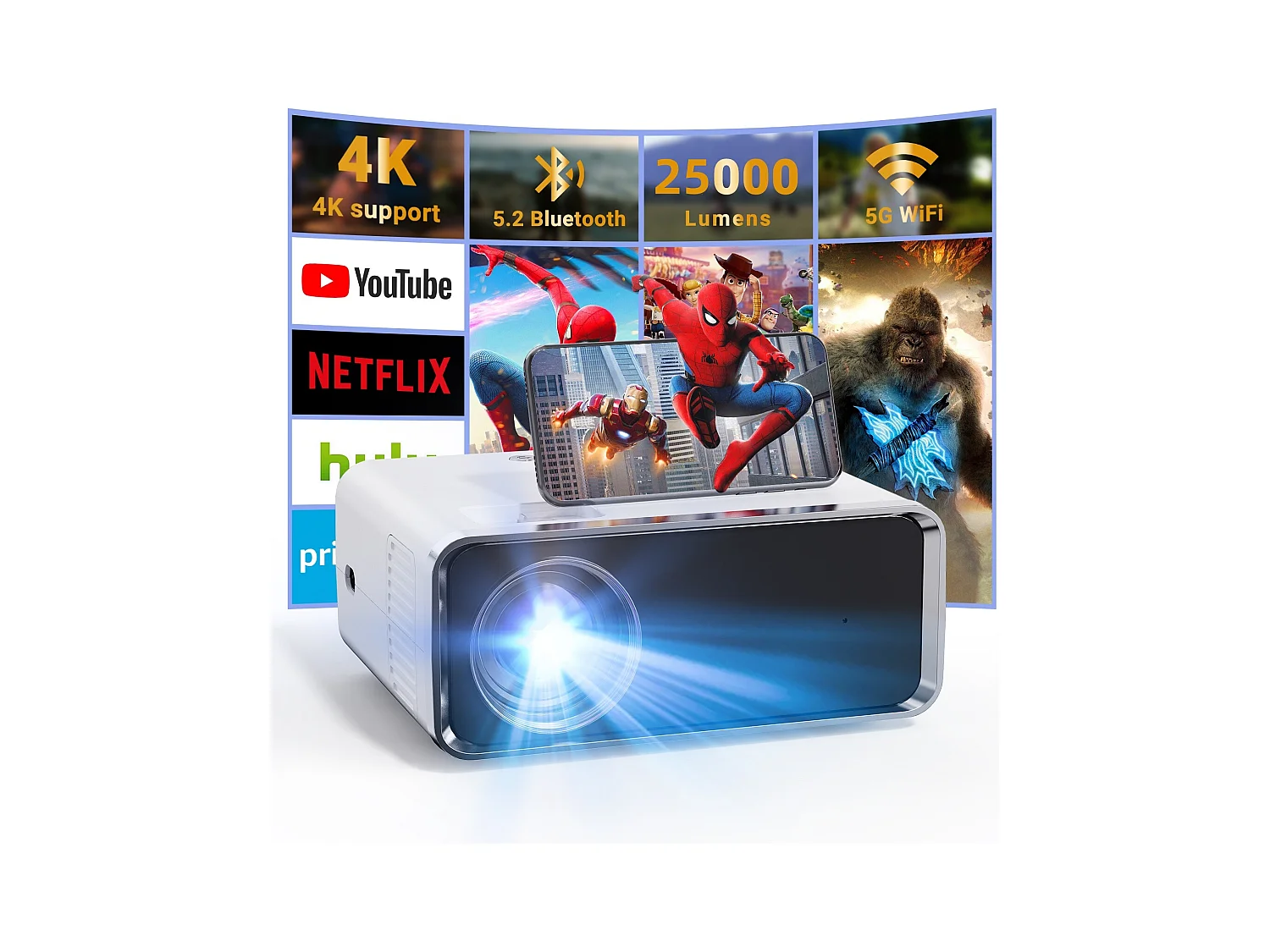 Videoprojecteur Portable 5G WiFi Bluetooth, Mini Projecteur 4k 1080P Full HD, Video Projecteur Compatible Android/iOS/TV