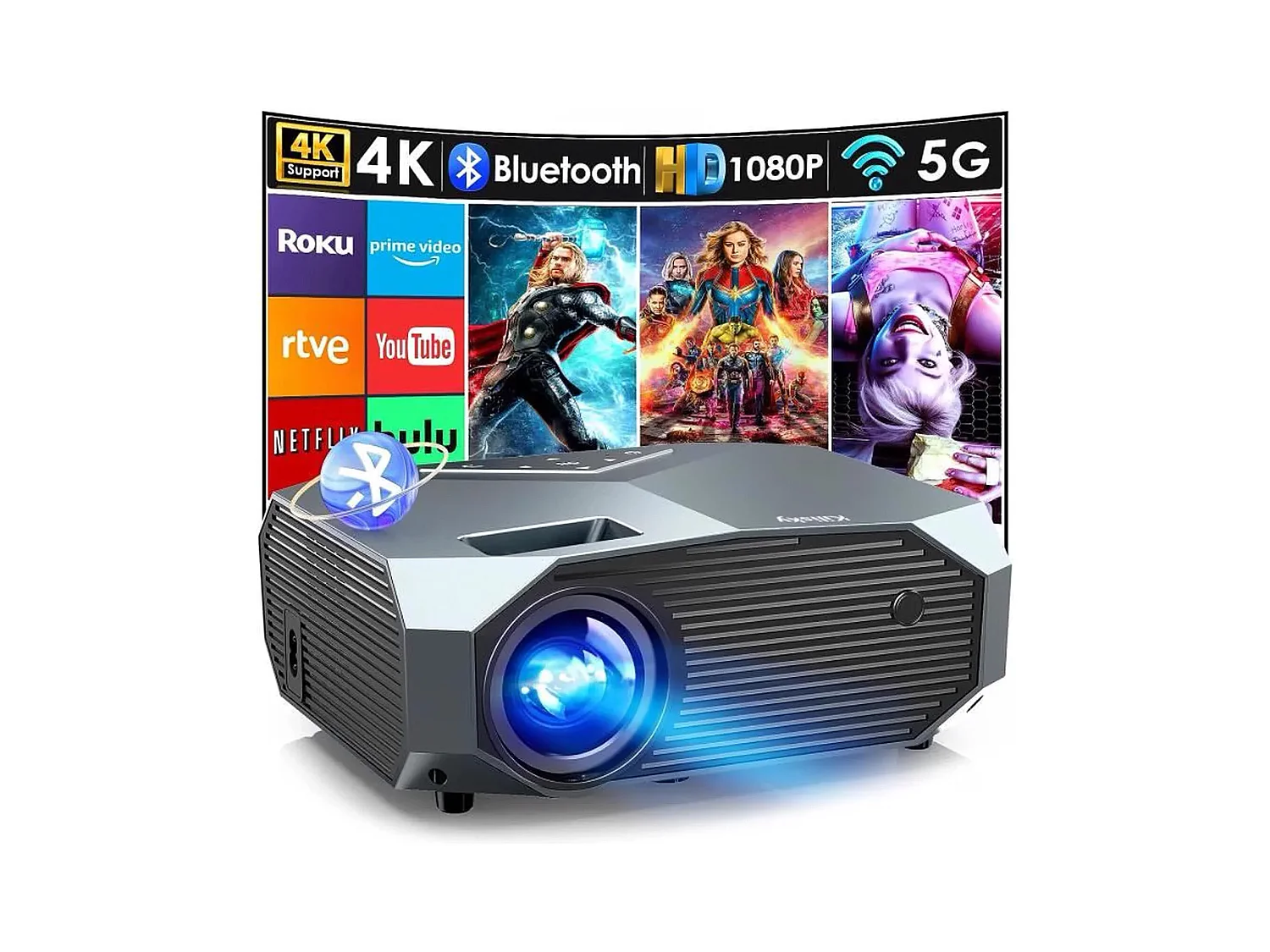 Videoprojecteur Wifi Bluetooth 4K,25000 Lumens,Full HD Native 1080P,WiFi Bluetooth5.1 Vidéoprojecteur,Home Cinéma