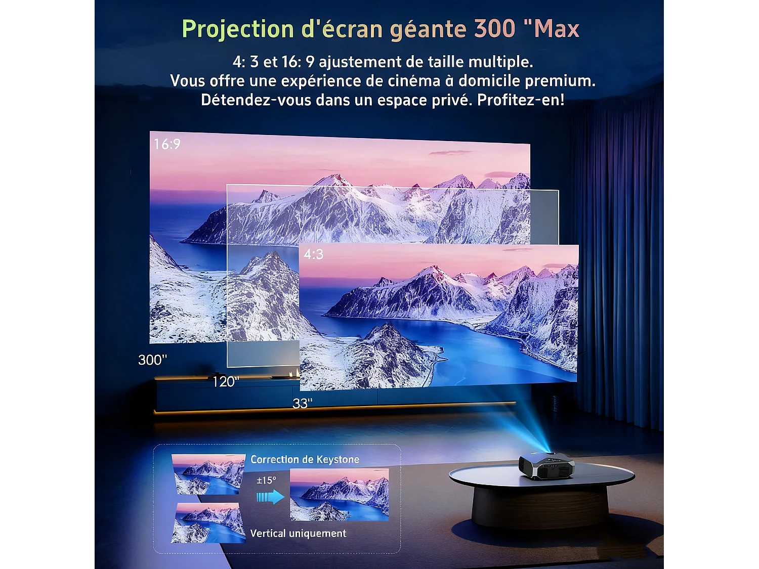 Videoprojecteur Wifi Bluetooth 4K,25000 Lumens,Full HD Native 1080P,WiFi Bluetooth5.1 Vidéoprojecteur,Home Cinéma