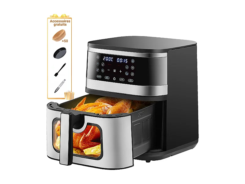 Friteuse Sans Huile de XXL, 1900W, 10L air fryer,Panneau tactile LED,8 préprogrammes,Température max 200°C