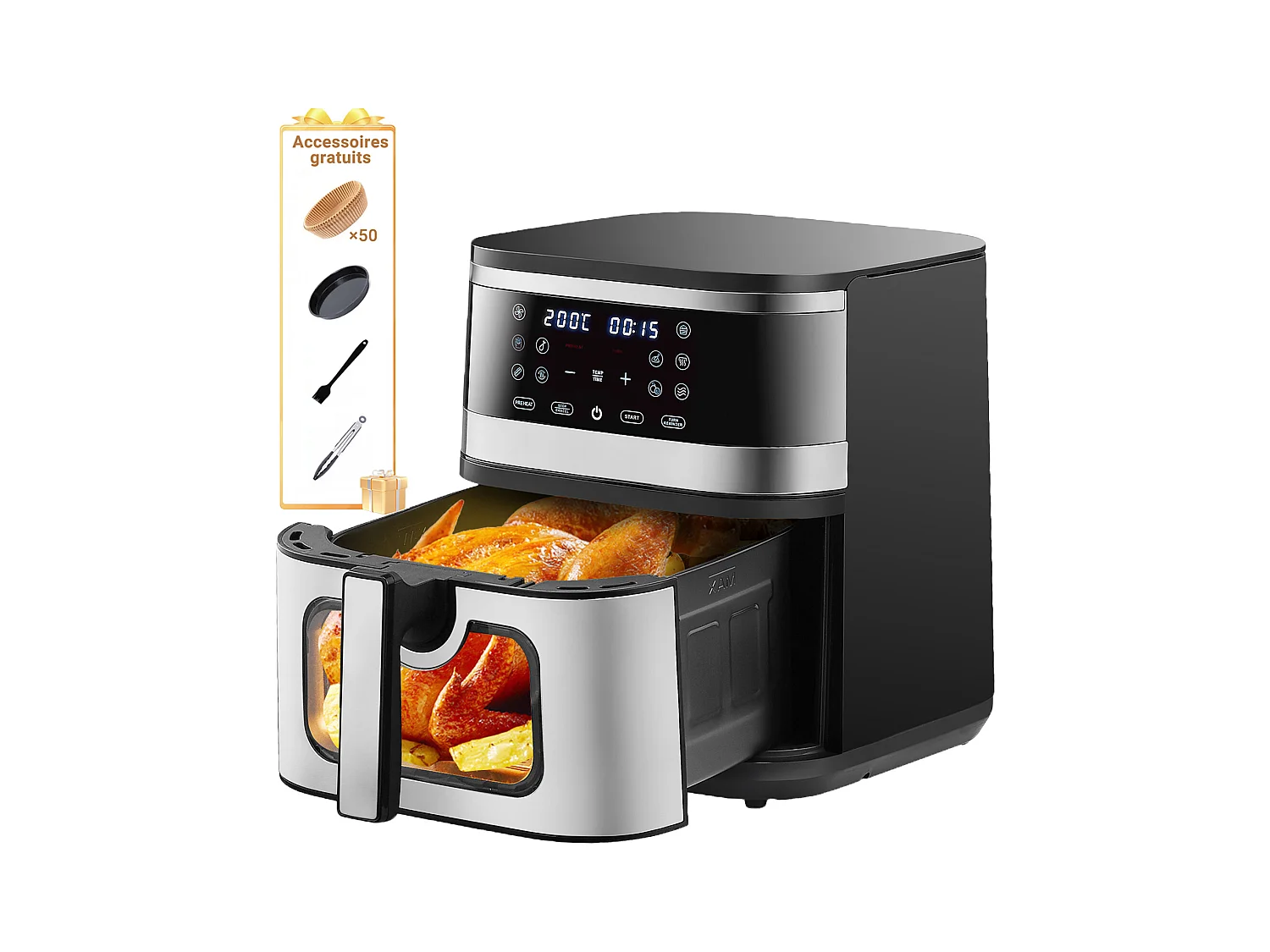 Friteuse Sans Huile de XXL, 1900W, 10L air fryer,Panneau tactile LED,8 préprogrammes,Température max 200°C