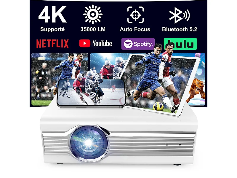 Videoprojecteur【Auto Focus】Rétroprojecteur 4K Supporté, 35000 Lumen UHD, WiFi 5G+2.4G, Screencasting iOS/Android/Windows