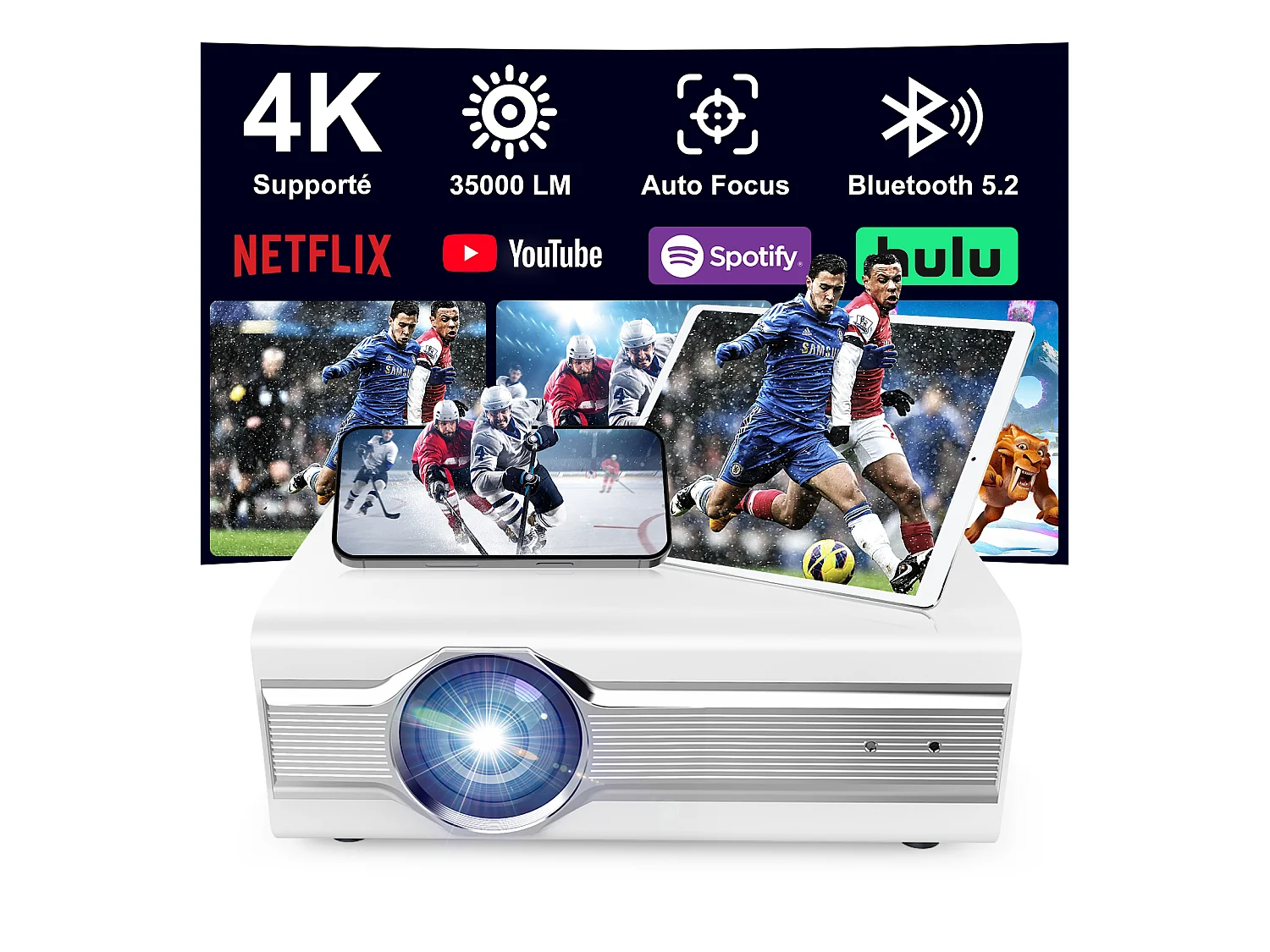 Videoprojecteur【Auto Focus】Rétroprojecteur 4K Supporté, 35000 Lumen UHD, WiFi 5G+2.4G, Screencasting iOS/Android/Windows
