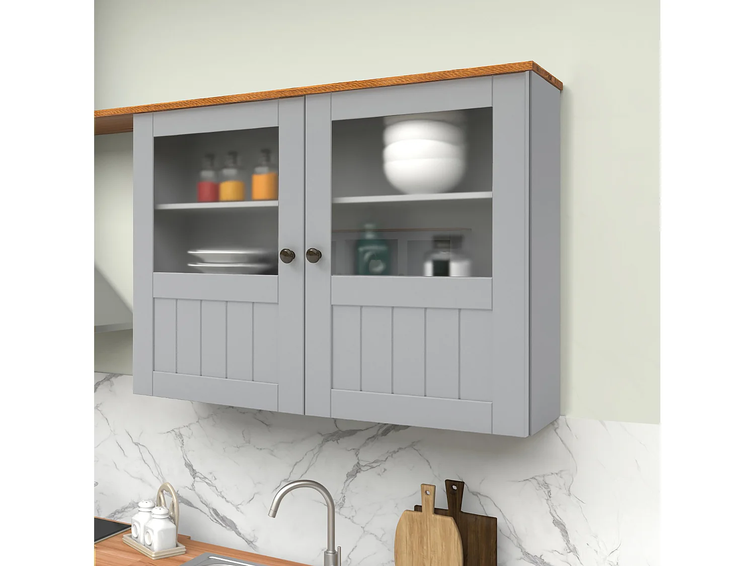 Alby II | Armoire murale avec 2 portes vitrées en gris sapin