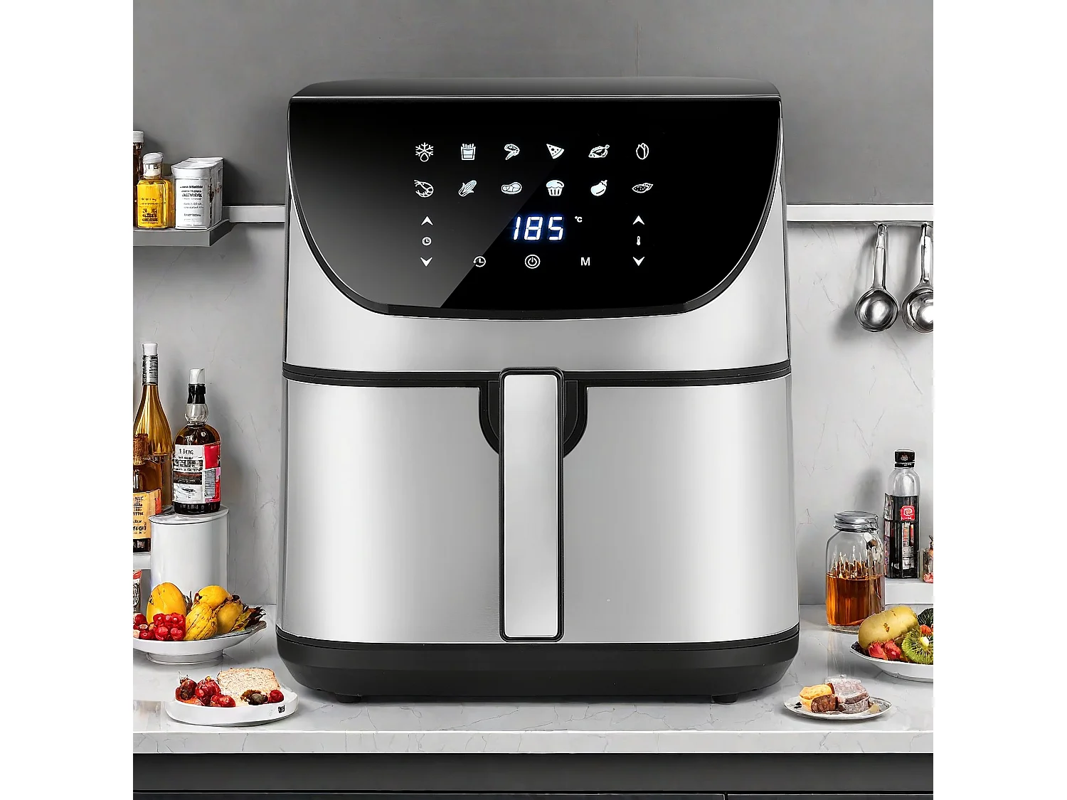 Friteuse Sans Huile - 10L air fryer,- 2000W - Écran Tactile LED - 8 Programmes de Cuisson,jusqu'à 90% de matières grasses en moins, noir