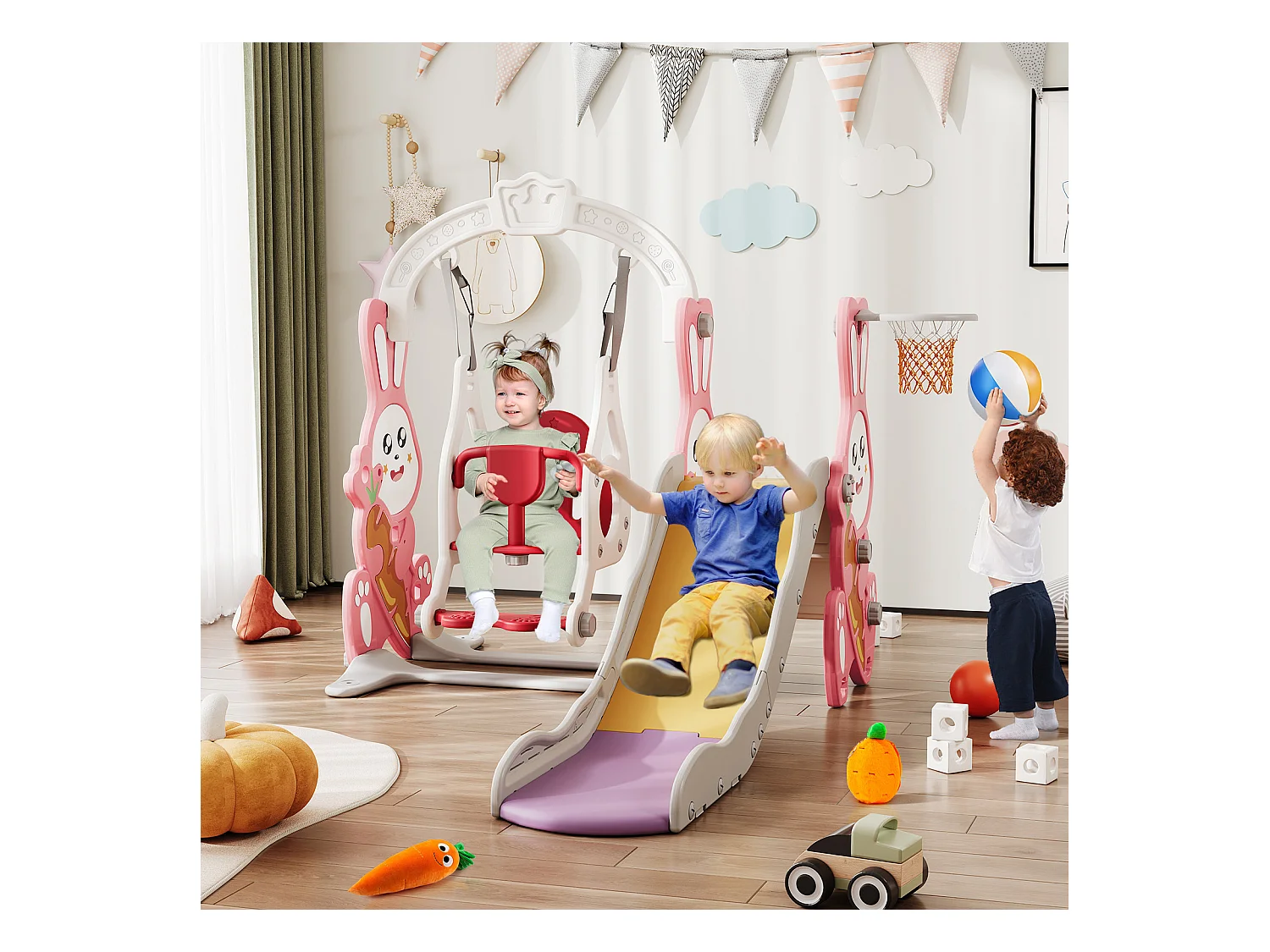 Toboggan 4 en 1 pour enfants avec balançoire, escaliers,toboggan, Support de basket, Facile à assembler,Rose