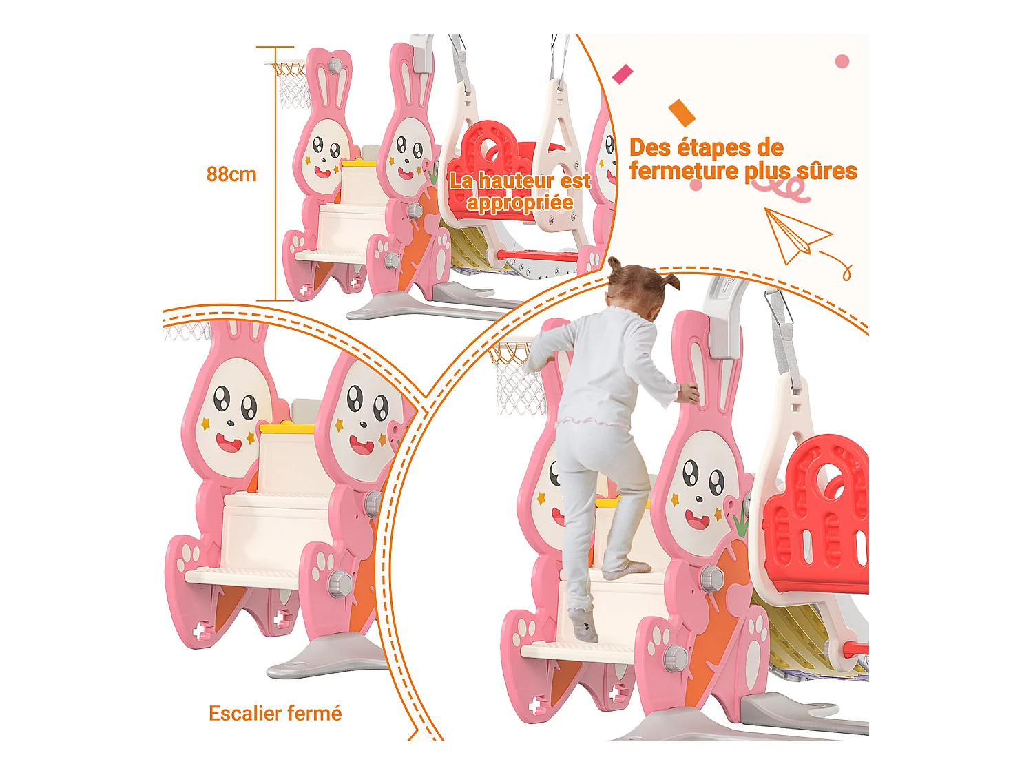 Toboggan 4 en 1 pour enfants avec balançoire, escaliers,toboggan, Support de basket, Facile à assembler,Rose