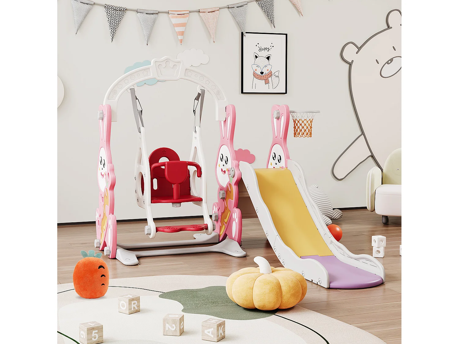 Toboggan 4 en 1 pour enfants avec balançoire, escaliers,toboggan, Support de basket, Facile à assembler,Rose