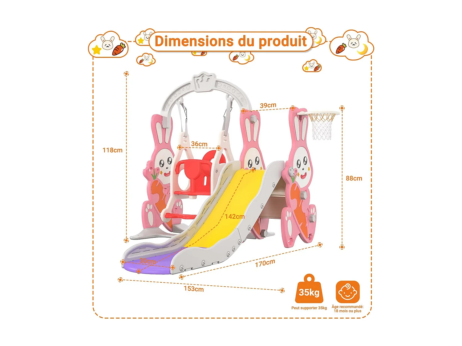 Toboggan 4 en 1 pour enfants avec balançoire, escaliers,toboggan, Support de basket, Facile à assembler,Rose