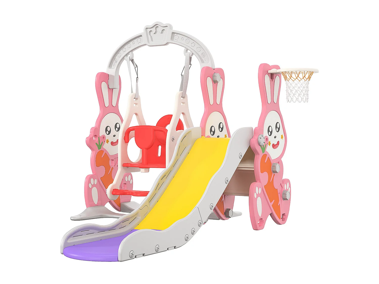 Toboggan 4 en 1 pour enfants avec balançoire, escaliers,toboggan, Support de basket, Facile à assembler,Rose