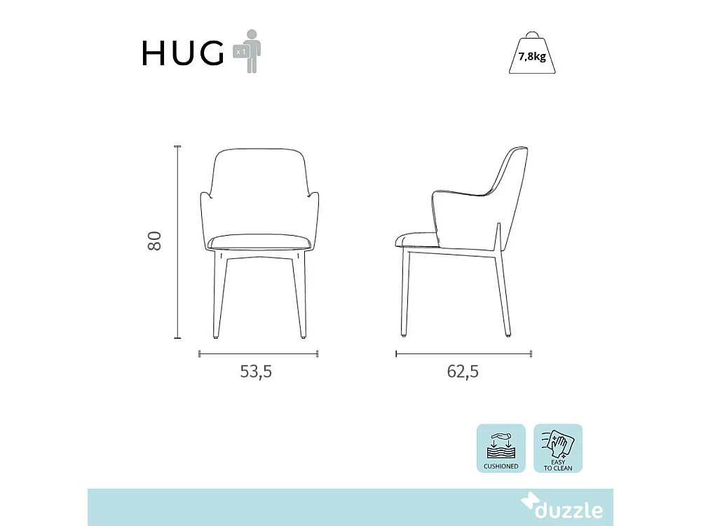 Hug, Set di 4 Sedia in tessuto easy-clean con gambe in metallo verniciato (53.5cm X 62.5cm H. 80cm)| Duzzle