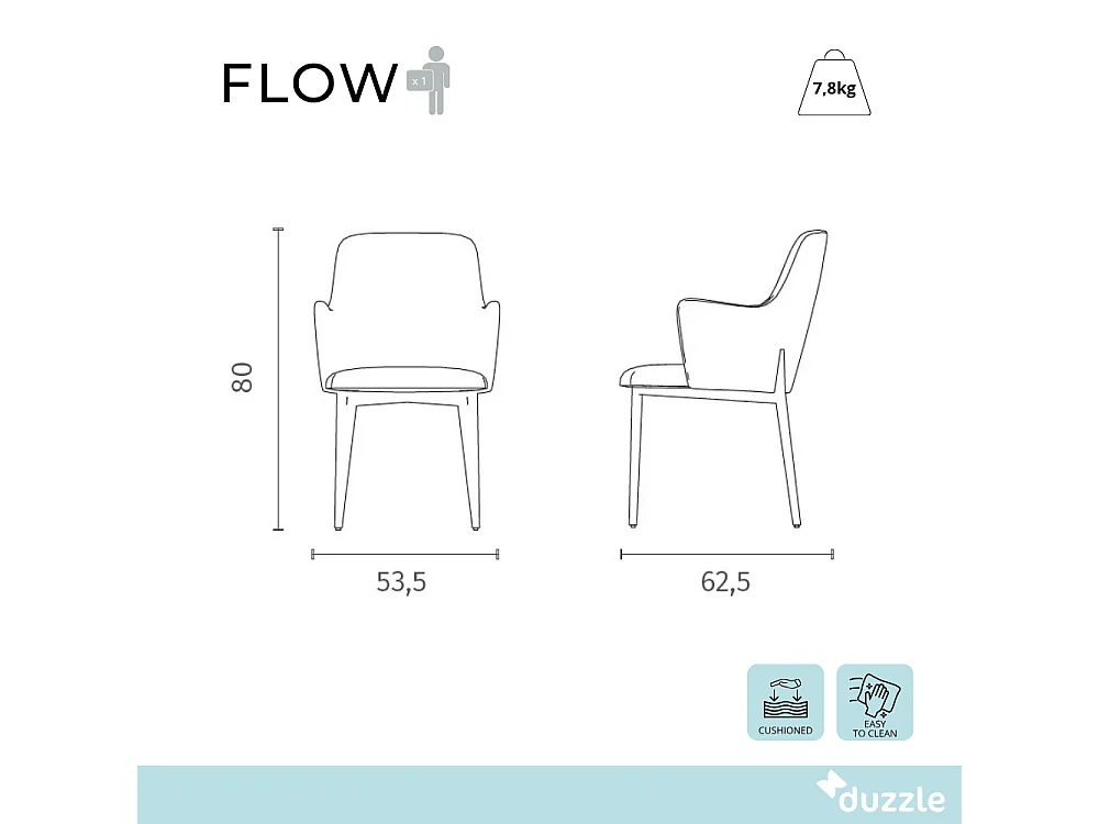 Flow, Set di 4 Sedia in tessuto easy-clean con gambe in metallo verniciato (53.5cm X 62.5cm H. 80cm)| Duzzle
