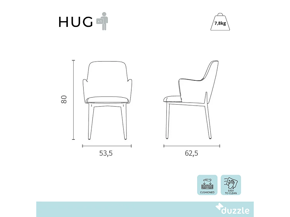 Hug, Set di 4 Sedia in tessuto easy-clean con gambe in metallo verniciato (53.5cm X 62.5cm H. 80cm)| Duzzle