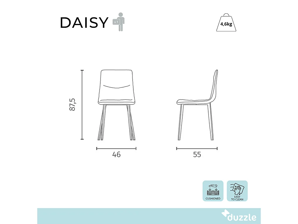 Daisy, Set di 4 Sedia in tessuto easy-clean con gambe in metallo verniciato (46cm X 55cm H. 87.5cm)| Duzzle