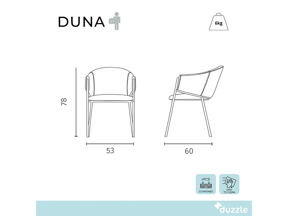 Duna, Set di 2 Sedia in tessuto easy-clean con gambe in metallo verniciato (53cm X 60cm H. 78cm)
