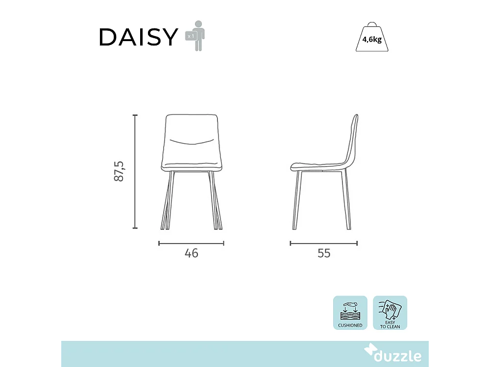 Daisy, Set di 4 Sedia in tessuto easy-clean con gambe in metallo verniciato (46cm X 55cm H. 87.5cm)| Duzzle