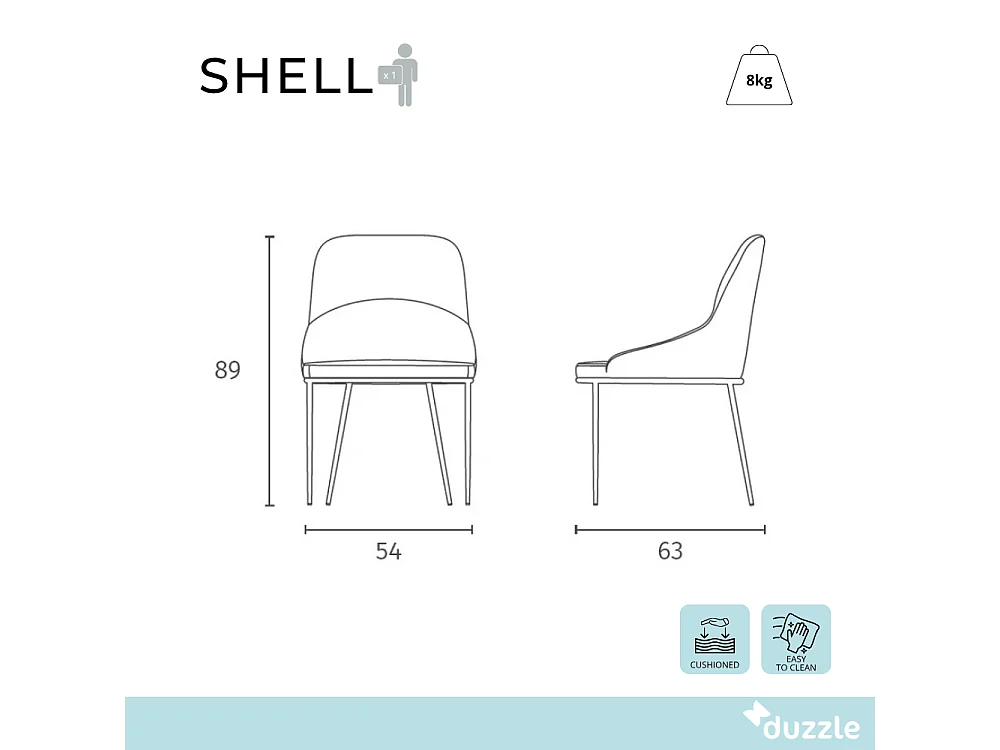 Shell, Set di 4 Sedia in tessuto easy-clean con gambe in metallo verniciato (54cm X 63cm H. 89cm)| Duzzle