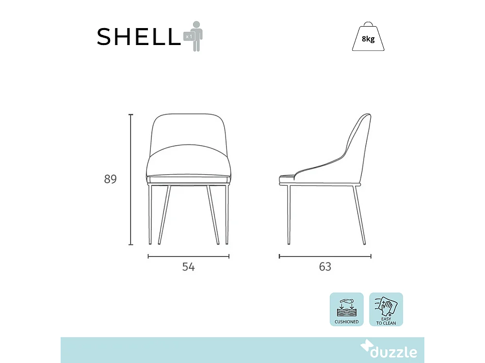 Shell, Set di 4 Sedia in tessuto easy-clean con gambe in metallo verniciato (54cm X 63cm H. 89cm)