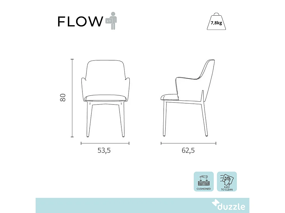 Flow, Set di 4 Sedia in tessuto easy-clean con gambe in metallo verniciato (53.5cm X 62.5cm H. 80cm)