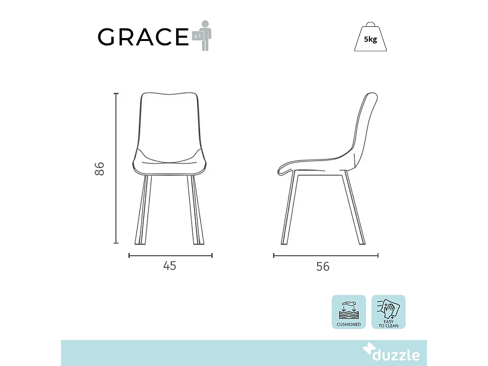 Grace, Set di 4 Sedia in tessuto easy-clean con gambe in metallo verniciato (45cm X 56cm H. 86cm)