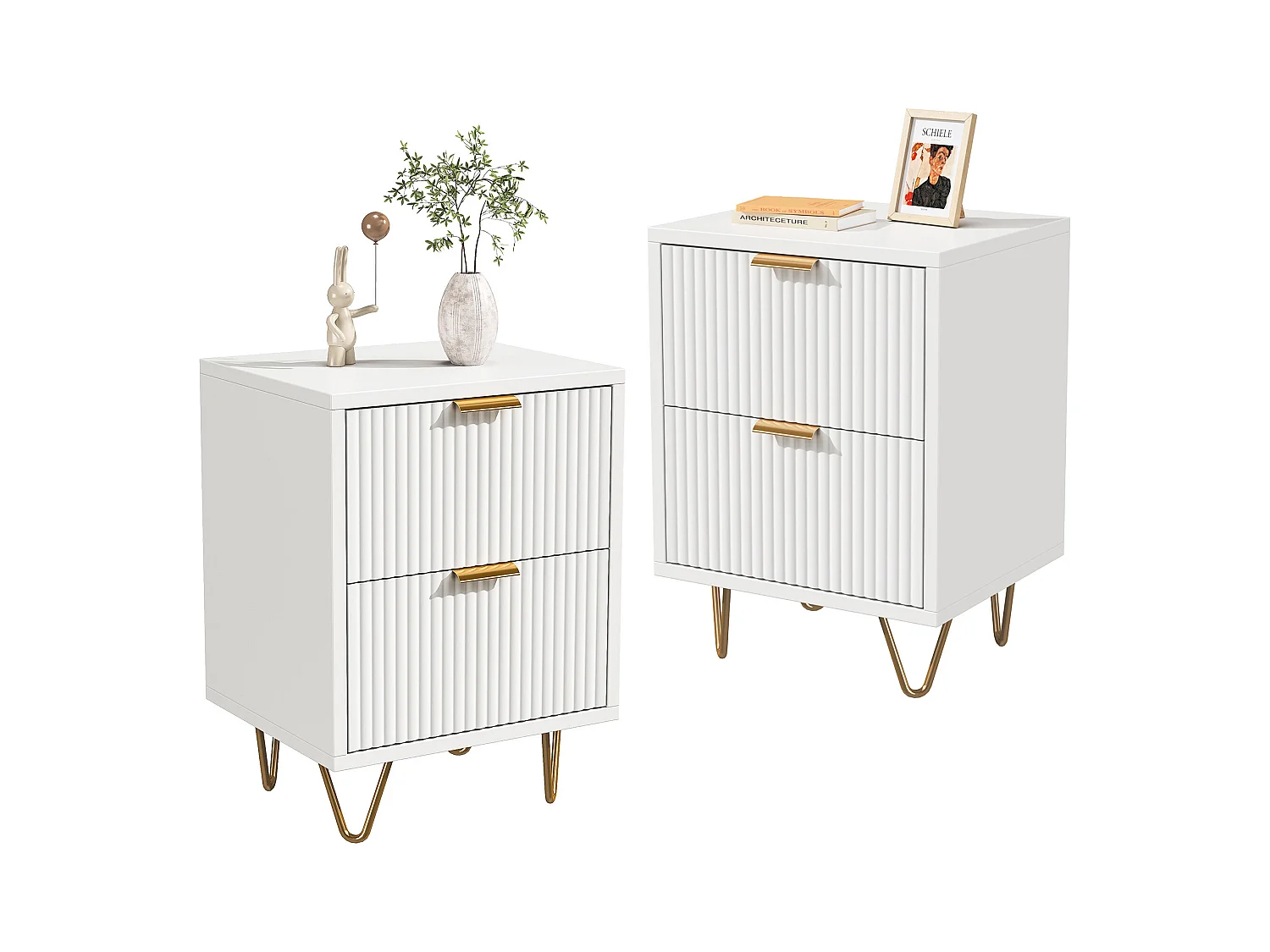 Lot de 2 Tables de Chevet, Tables d'appoint avec 2 tiroirs, Moderne Blanc Table de Nuit avec Pieds dorés, Blanc