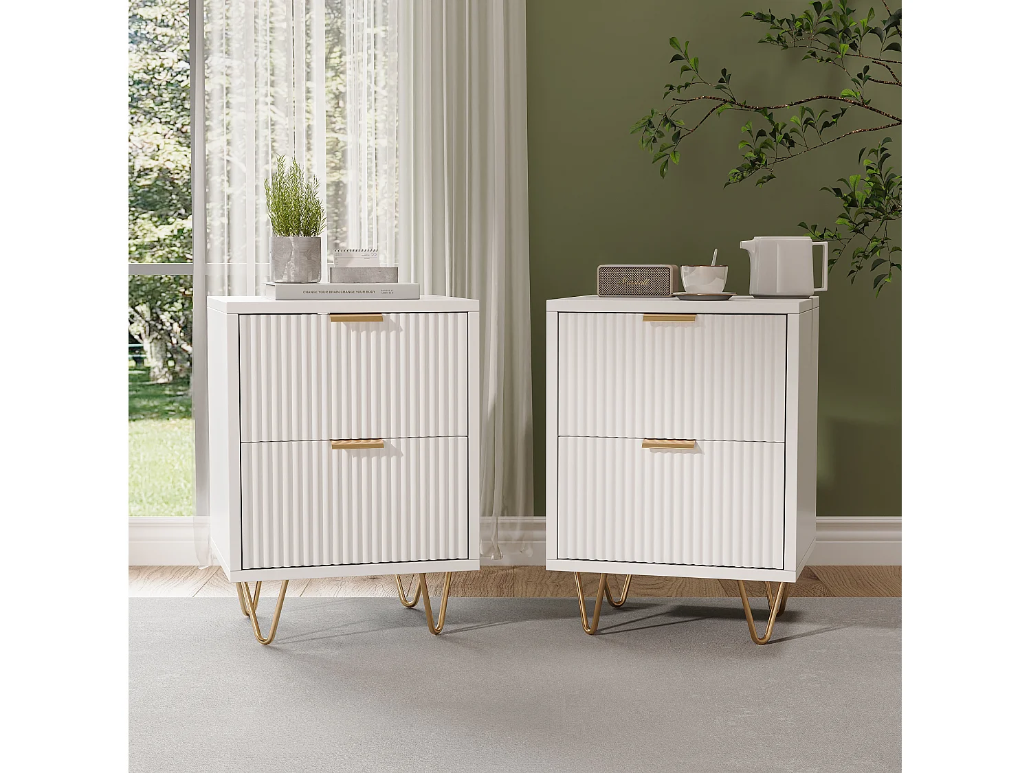 Lot de 2 Tables de Chevet, Tables d'appoint avec 2 tiroirs, Moderne Blanc Table de Nuit avec Pieds dorés, Blanc