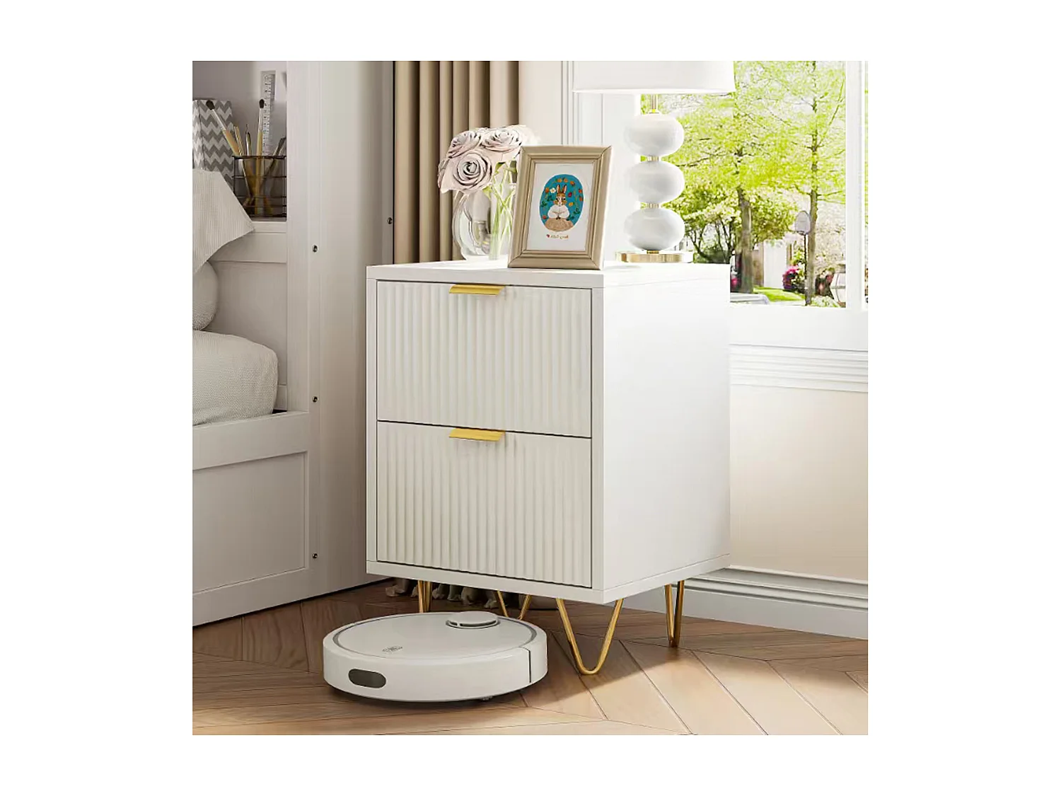 Lot de 2 Tables de Chevet, Tables d'appoint avec 2 tiroirs, Moderne Blanc Table de Nuit avec Pieds dorés, Blanc