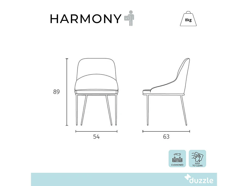 Harmony, Set di 4 Sedia in tessuto easy-clean con gambe in metallo verniciato (54cm X 63cm H. 89cm)| Duzzle