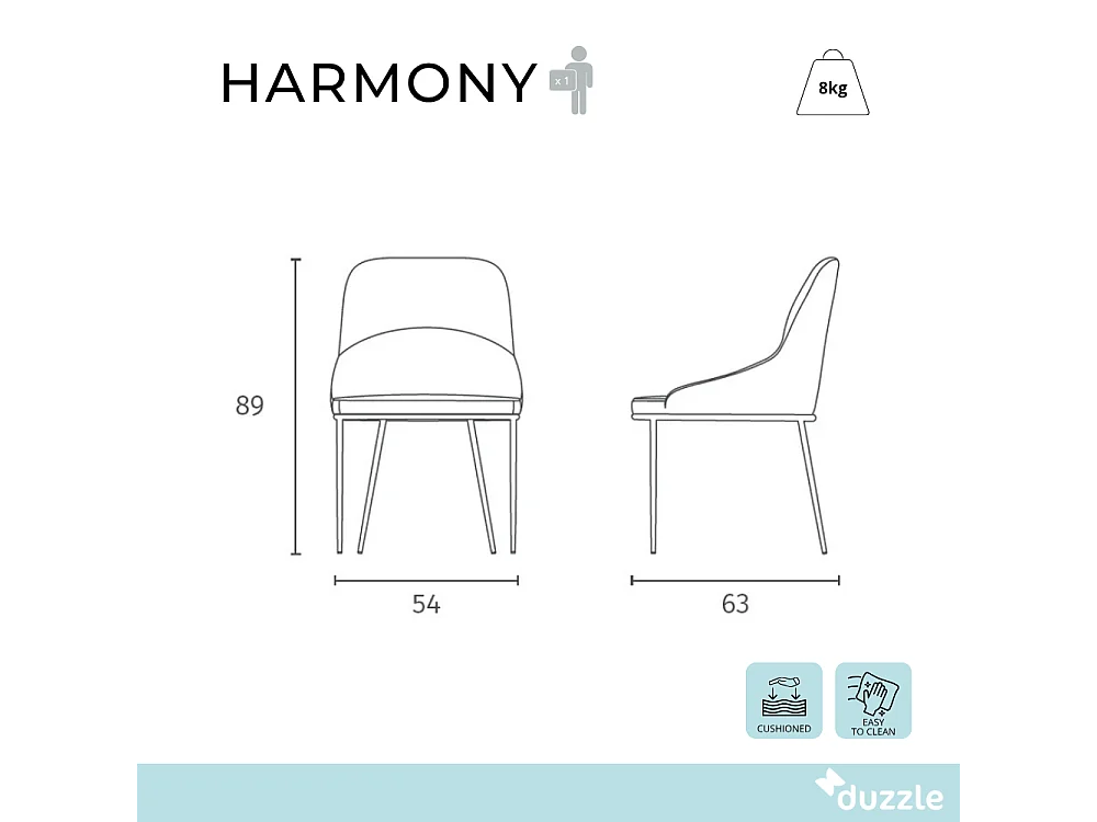 Harmony, Set di 4 Sedia in tessuto easy-clean con gambe in metallo verniciato (54cm X 63cm H. 89cm)| Duzzle