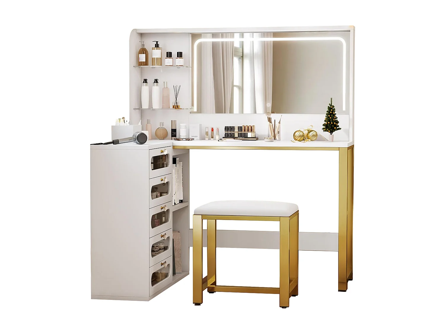 Coiffeuse avec Lumières - Luminosité Réglable - Coiffeuse avec Miroir - Table de Maquillage avec tabouret - 5 tiroirs et 4 étagères