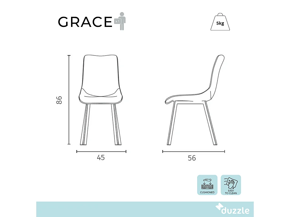 Grace, Set di 4 Sedia in tessuto easy-clean con gambe in metallo verniciato (45cm X 56cm H. 86cm)| Duzzle