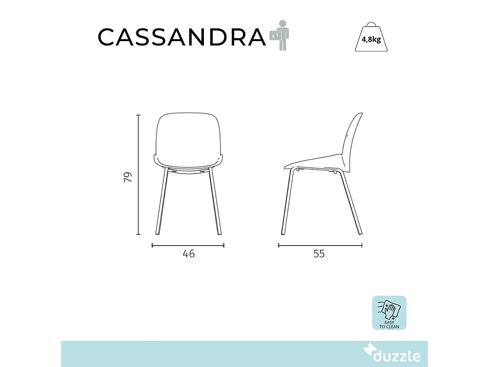 Cassandra, Set di 4 Sedia in polipropilene con gambe metallo verniciato (46cm X 55cm H. 79cm)| Duzzle