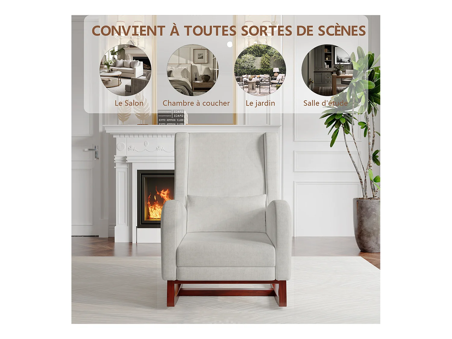 Fauteuil à bascule,Coton et lin - avec accoudoirs à poches - Pieds en bois massif - avec pieds télescopiques - gris