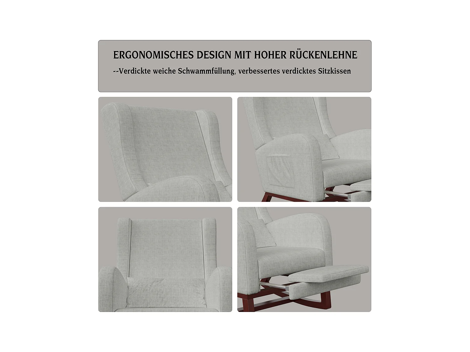 Fauteuil à bascule,Coton et lin - avec accoudoirs à poches - Pieds en bois massif - avec pieds télescopiques - gris