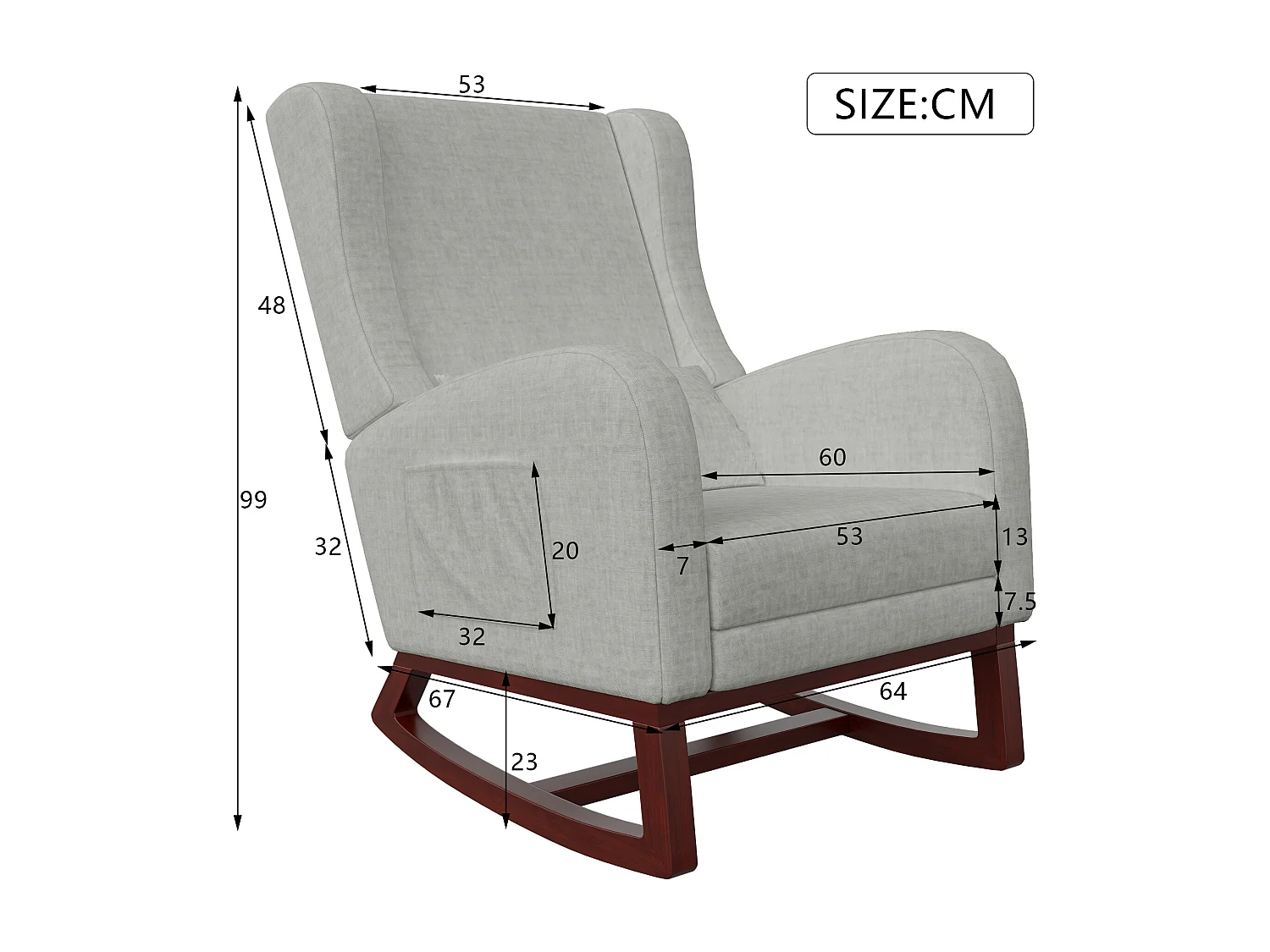 Mecedora, Algodón y lino - con reposabrazos de bolsillo - Patas de madera maciza - con patas telescópicas - gris