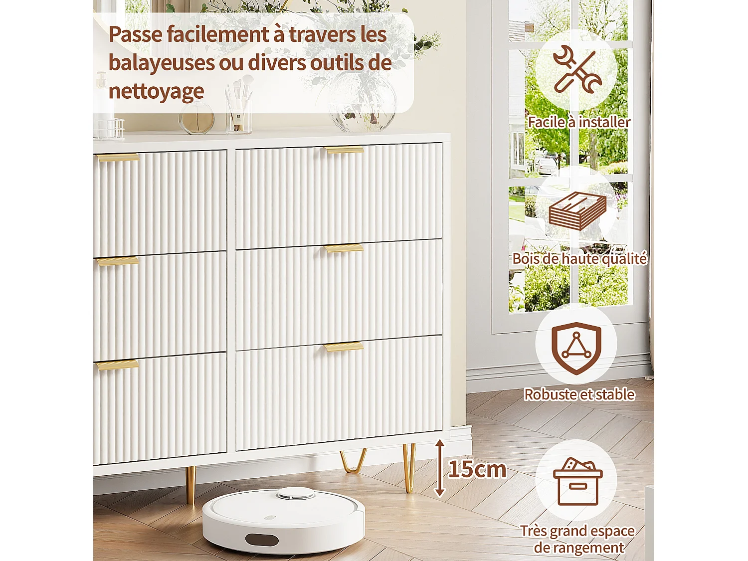 Commode avec 6 Tiroirs, Rangement Meuble Chambre Tiroirs, avec Pieds et Poignées en Métal Doré, Armoire à Tiroirs, Blanc