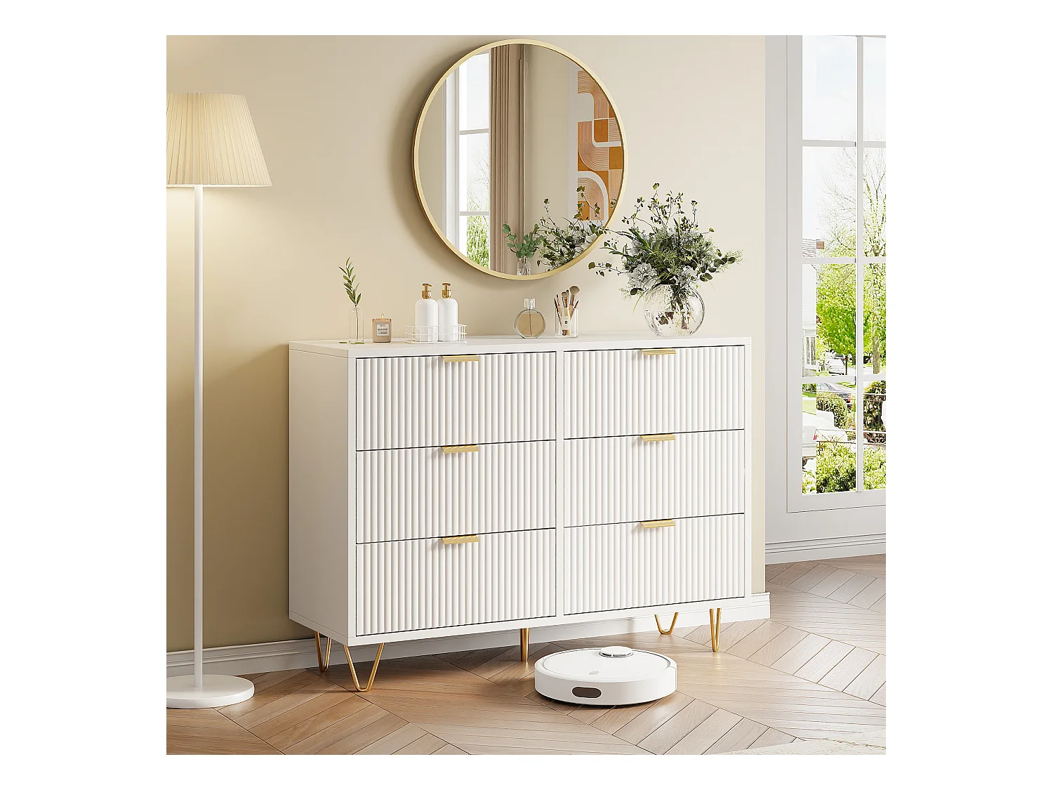 Commode avec 6 Tiroirs, Rangement Meuble Chambre Tiroirs, avec Pieds et Poignées en Métal Doré, Armoire à Tiroirs, Blanc