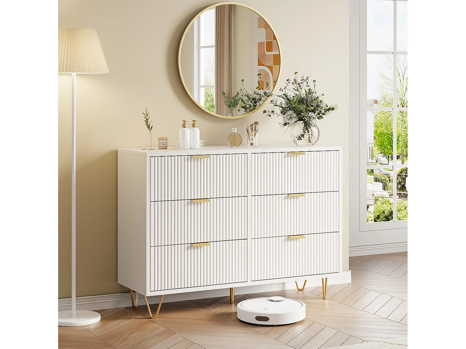 Commode avec 6 Tiroirs, Rangement Meuble Chambre Tiroirs, avec Pieds et Poignées en Métal Doré, Armoire à Tiroirs, Blanc