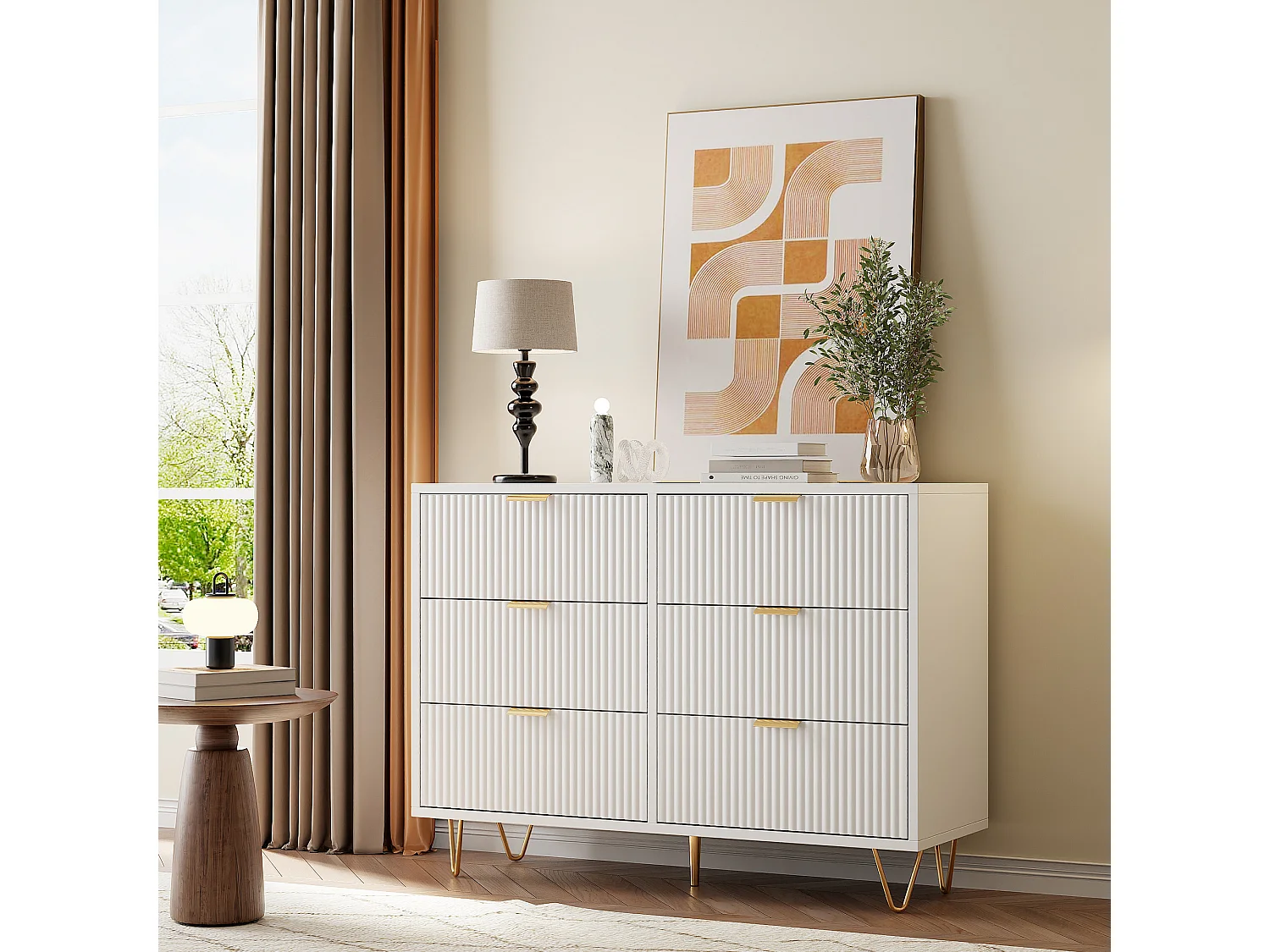 Commode avec 6 Tiroirs, Rangement Meuble Chambre Tiroirs, avec Pieds et Poignées en Métal Doré, Armoire à Tiroirs, Blanc