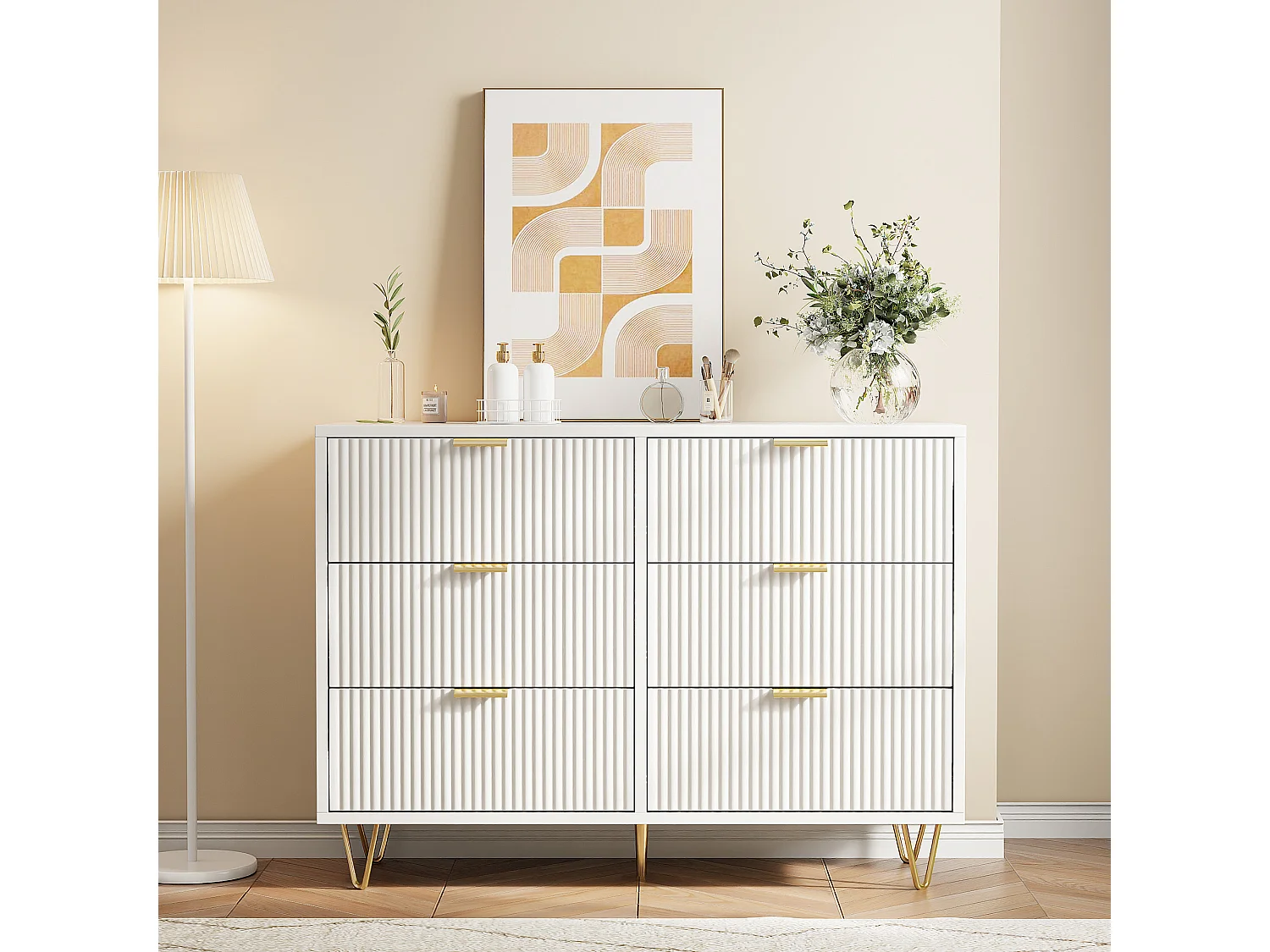 Commode avec 6 Tiroirs, Rangement Meuble Chambre Tiroirs, avec Pieds et Poignées en Métal Doré, Armoire à Tiroirs, Blanc