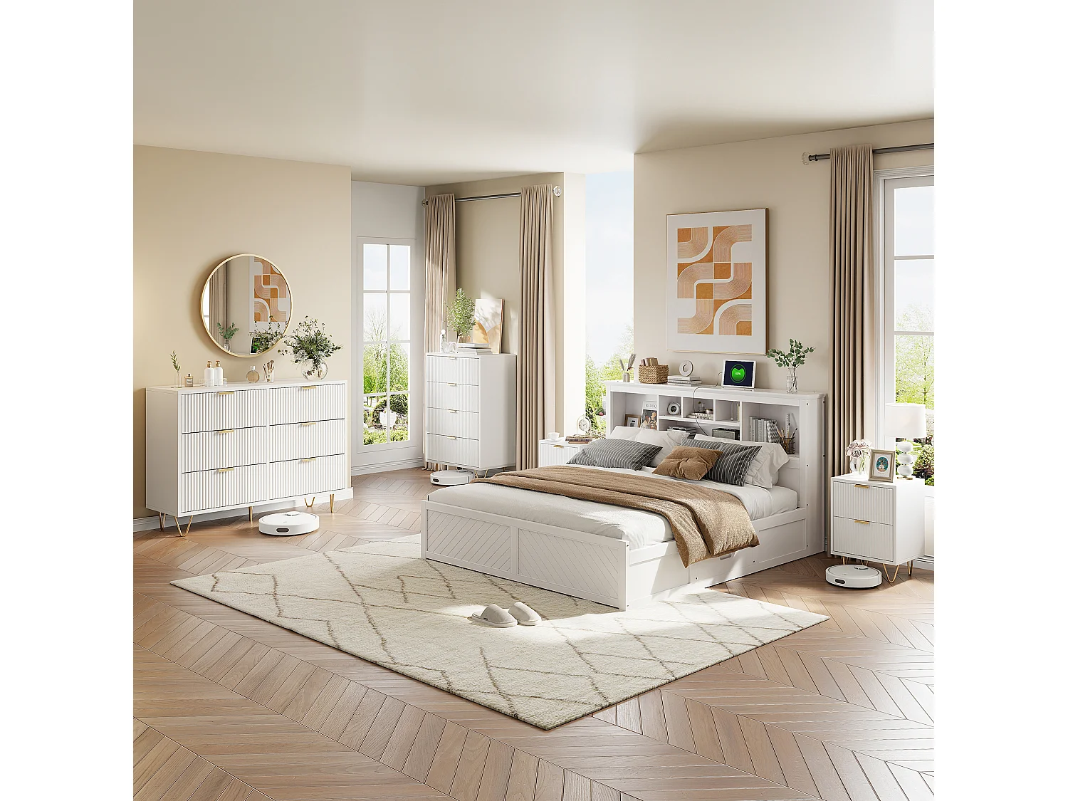 Commode avec 6 Tiroirs, Rangement Meuble Chambre Tiroirs, avec Pieds et Poignées en Métal Doré, Armoire à Tiroirs, Blanc