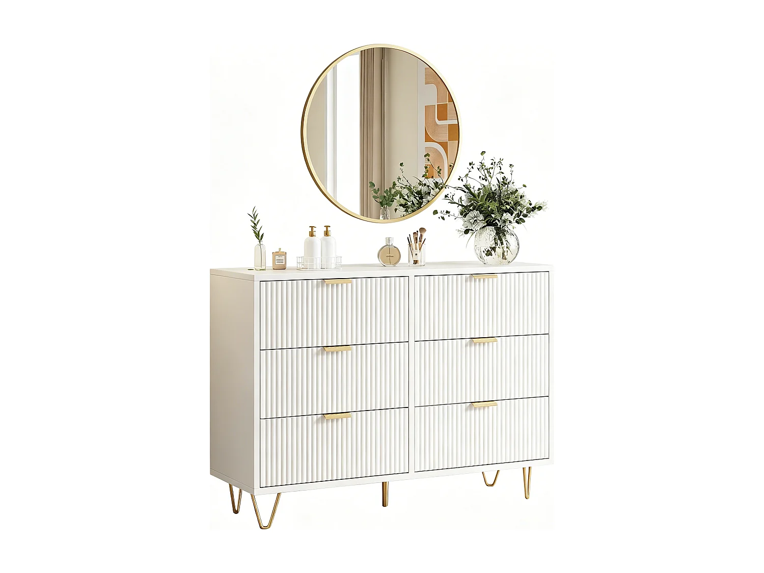 Commode avec 6 Tiroirs, Rangement Meuble Chambre Tiroirs, avec Pieds et Poignées en Métal Doré, Armoire à Tiroirs, Blanc