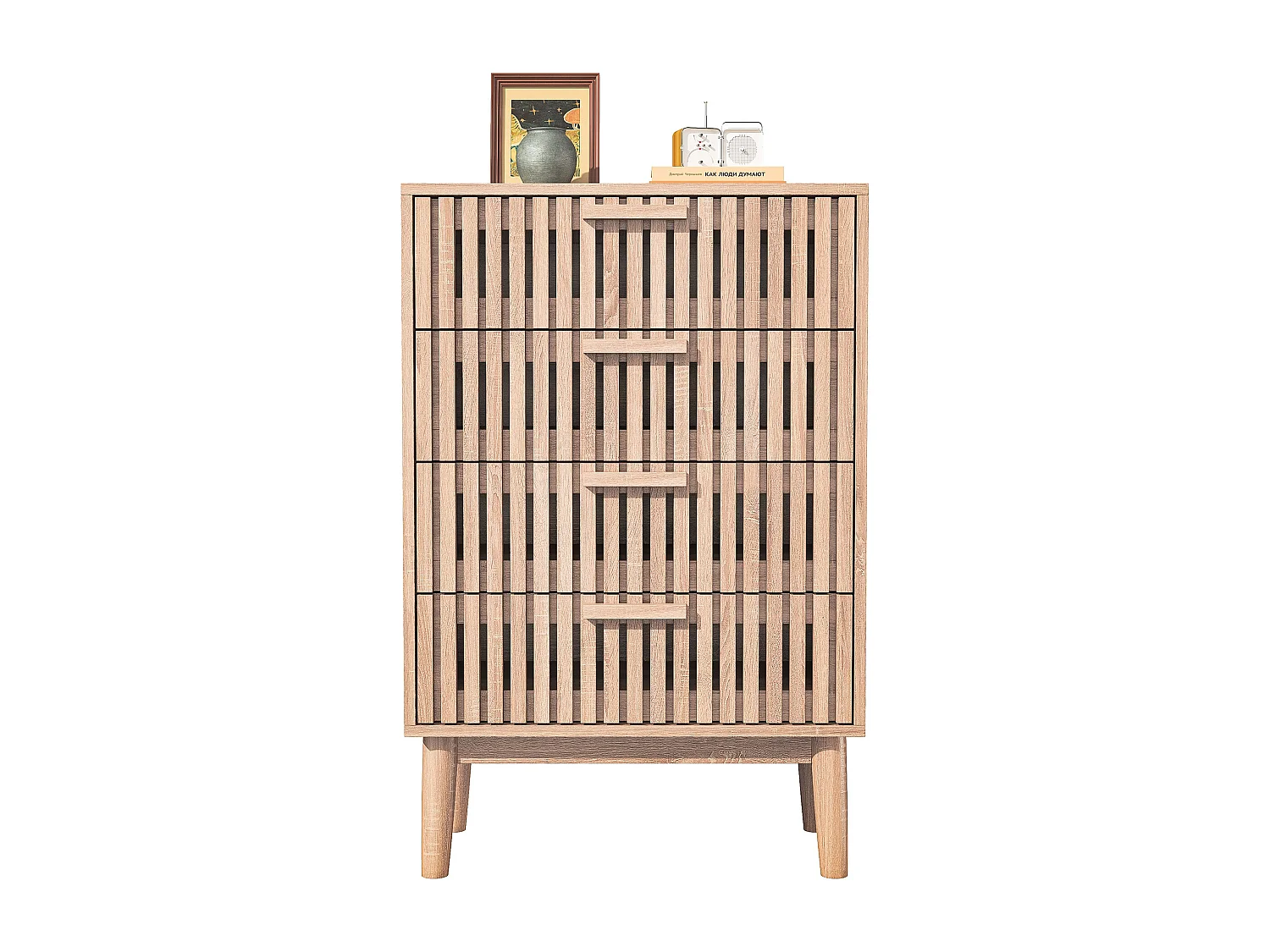 Commode 4 tiroirs - Poignée en Bois et Pieds de Support - BMotif de Ligne - Commode Moderne en Bois et Rotin 4 Tiroirs