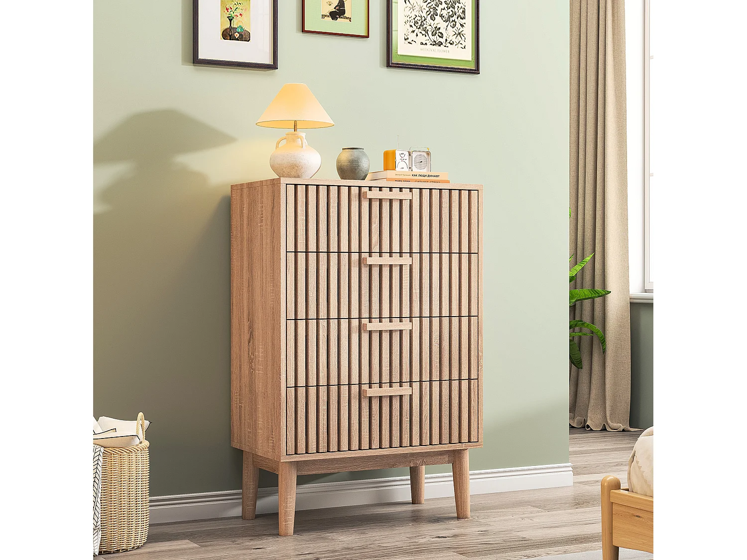 Commode 4 tiroirs - Poignée en Bois et Pieds de Support - BMotif de Ligne - Commode Moderne en Bois et Rotin 4 Tiroirs